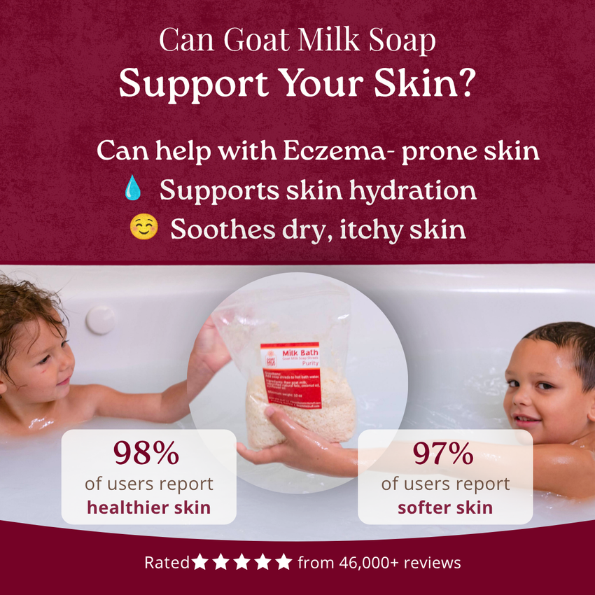 Advertisement for goat milk soap with children in a bath and text about skin benefits.