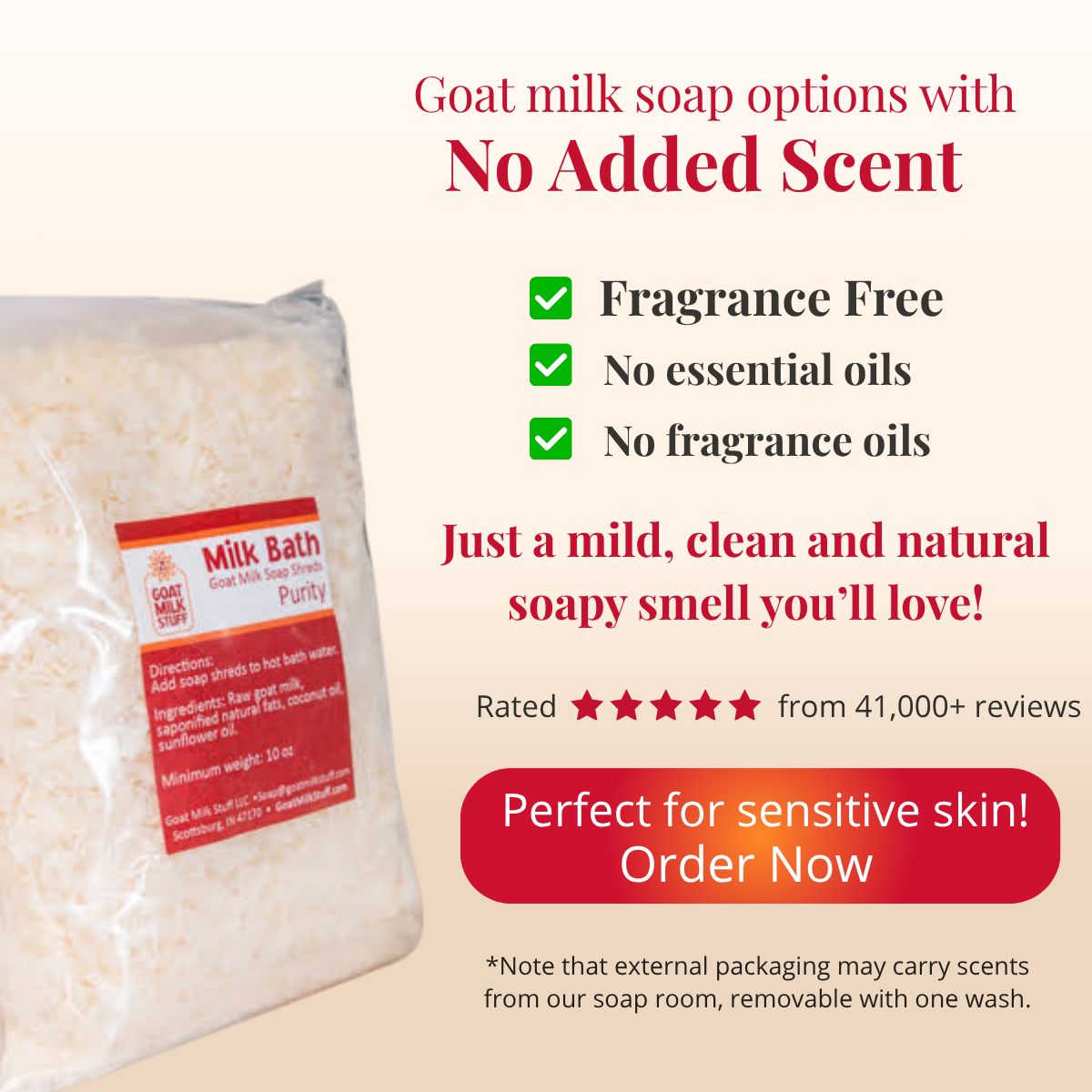 Goat milk soap with packaging featuring text about fragrance-free properties on a white background.