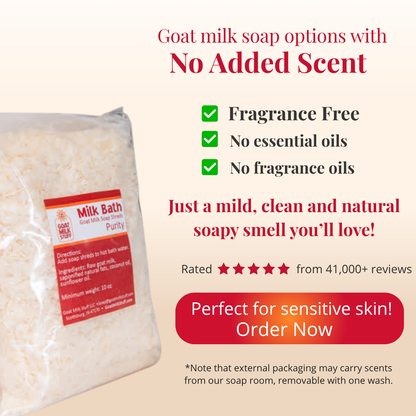 Goat milk soap with packaging featuring text about fragrance-free properties on a white background.