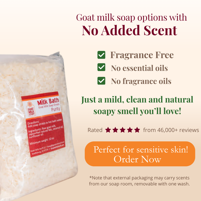 Goat milk soap with packaging and text highlighting fragrance-free properties on a beige background