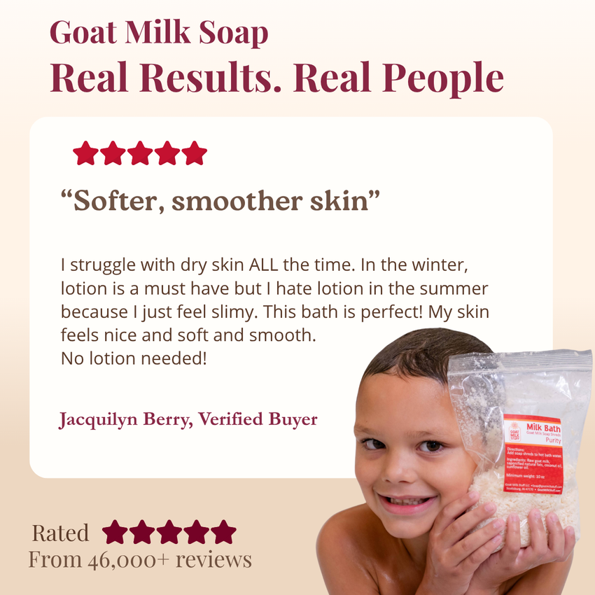 Goat milk soap with a child holding it, featuring customer review text on a beige background.