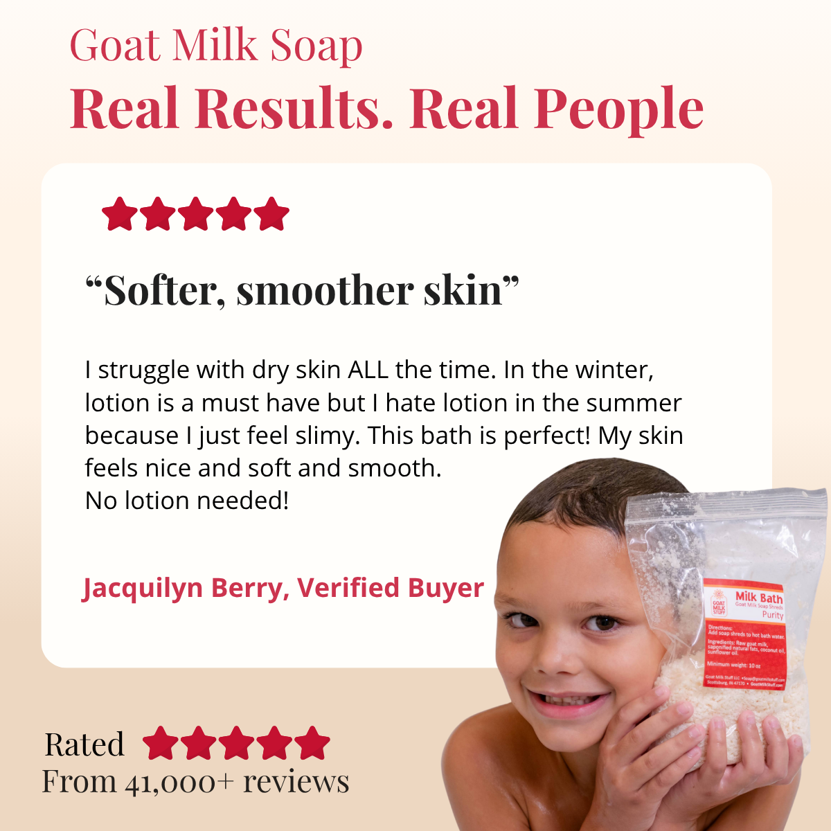 Goat Milk Soap advertisement with a child holding soap, customer review, and brand logo.