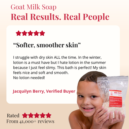 Goat Milk Soap advertisement with a child holding soap, customer review, and brand logo.