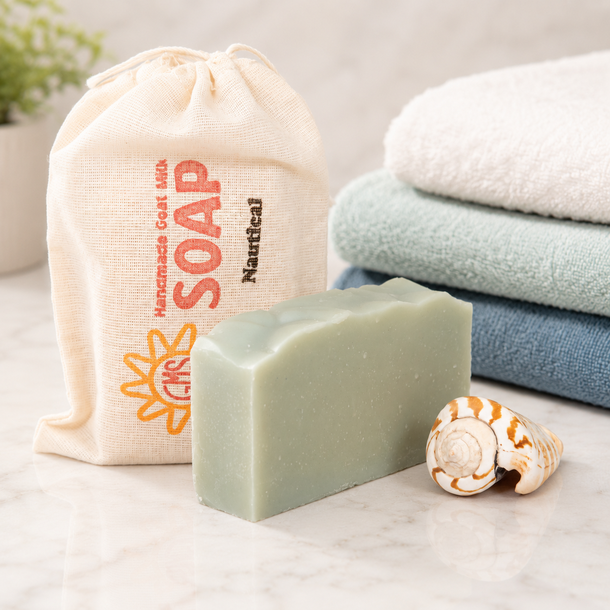 Bar of soap with a drawstring bag labeled 'Soap' and folded towels on a light surface.