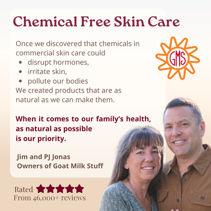 Advertisement for chemical-free skin care with a couple and the GMS logo.