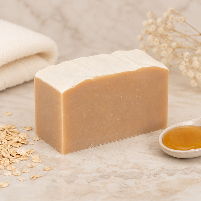 Bar of goat milk soap with oats and honey on a neutral background