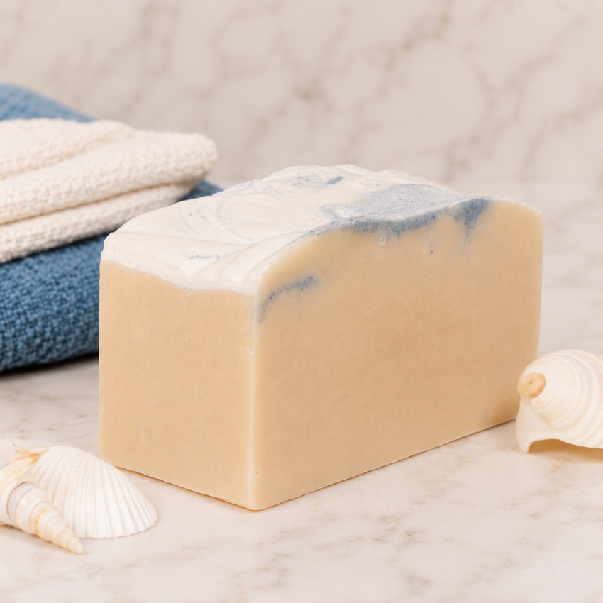 Bar of goat milk soap with blue swirls on a sandy surface with shells and folded towels in the background