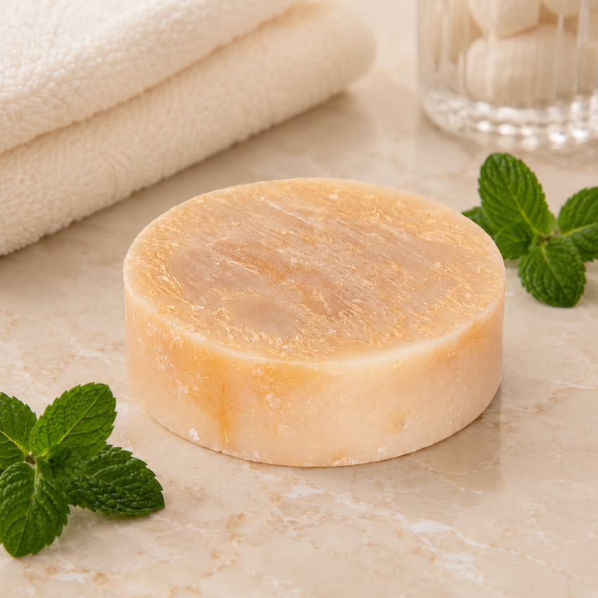 Bar of luffa soap on a marble surface with mint leaves
