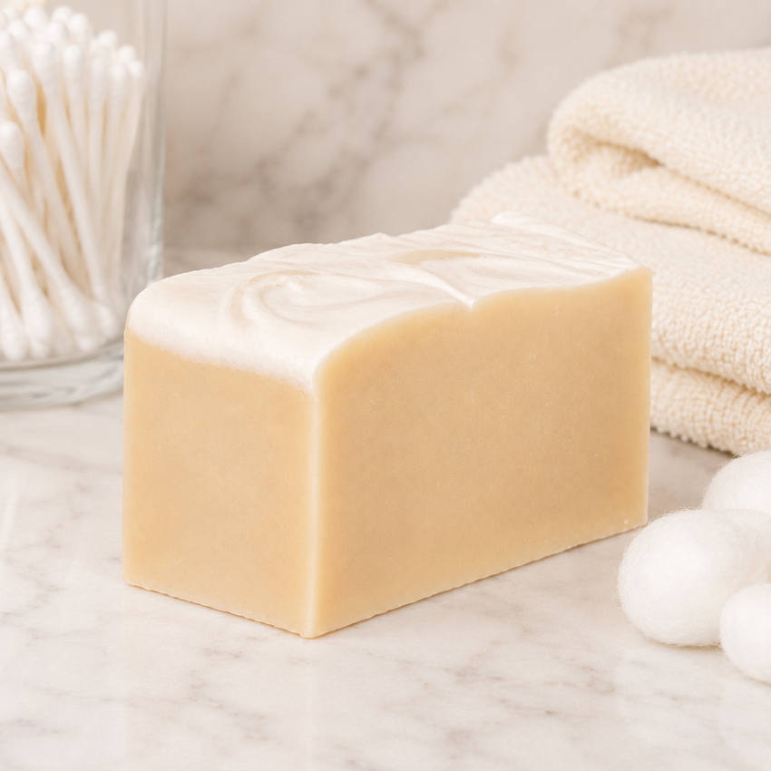 Bar of goat milk soap on a marble surface with a towel and cotton balls in the background