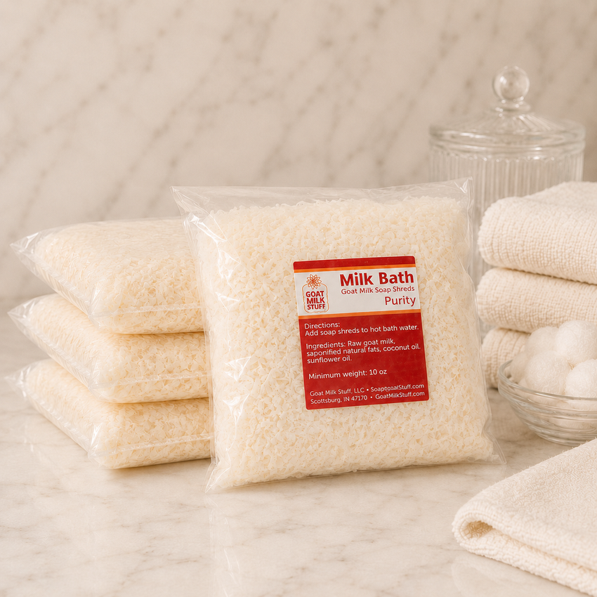 Packaged Purity milk bath product with a label on a marble surface