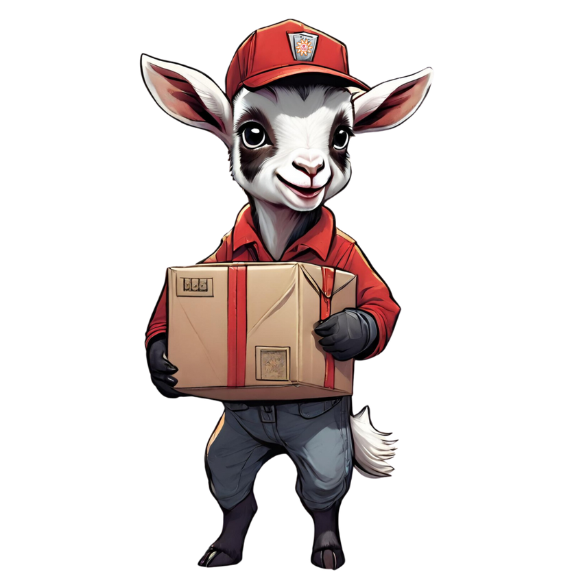 Illustration of a goat character in a red uniform holding a package on a white background