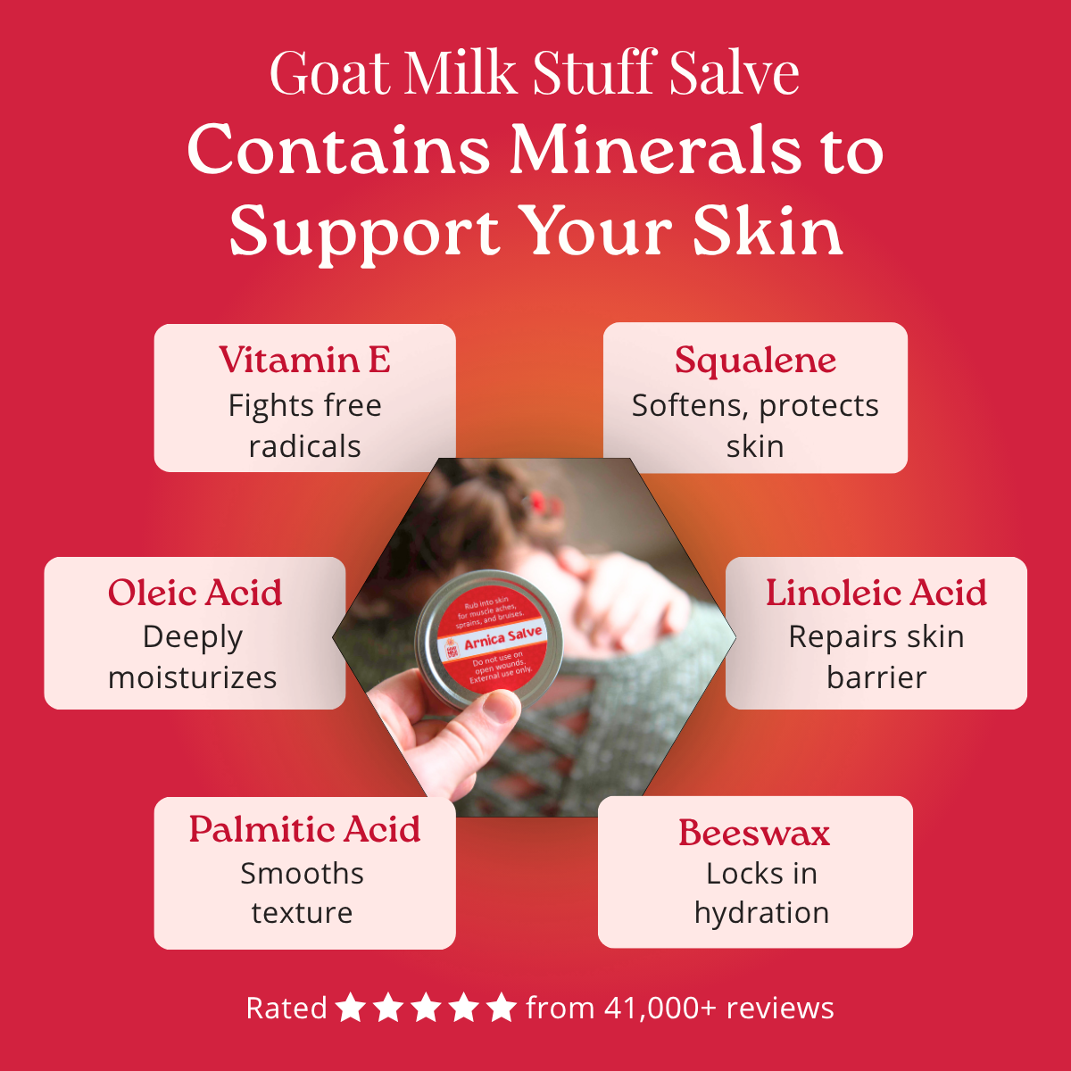 Advertisement for Goat Milk Stuff Salve with ingredients listed on a red background