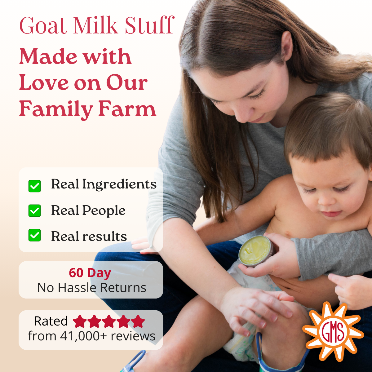 Woman and child with a salve, text about goat milk stuff on a family farm, and GMC logo.