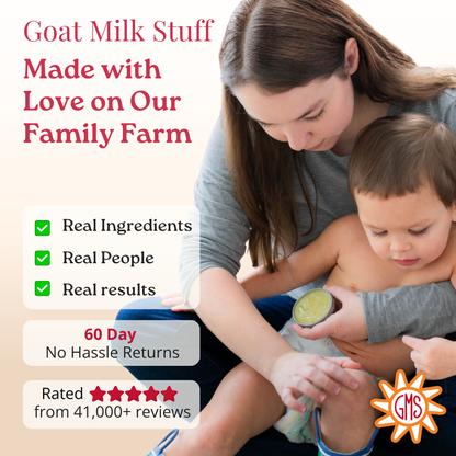 Woman and child with a salve, text about goat milk stuff on a family farm, and GMC logo.