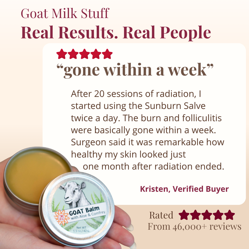 Goat milk balm with a customer testimonial on a beige background