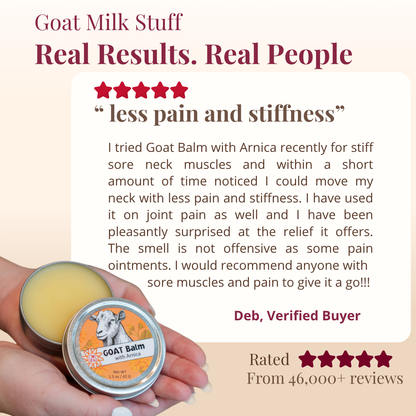 Goat Milk Stuff Arnica GOAT Balm with a customer review on a beige background