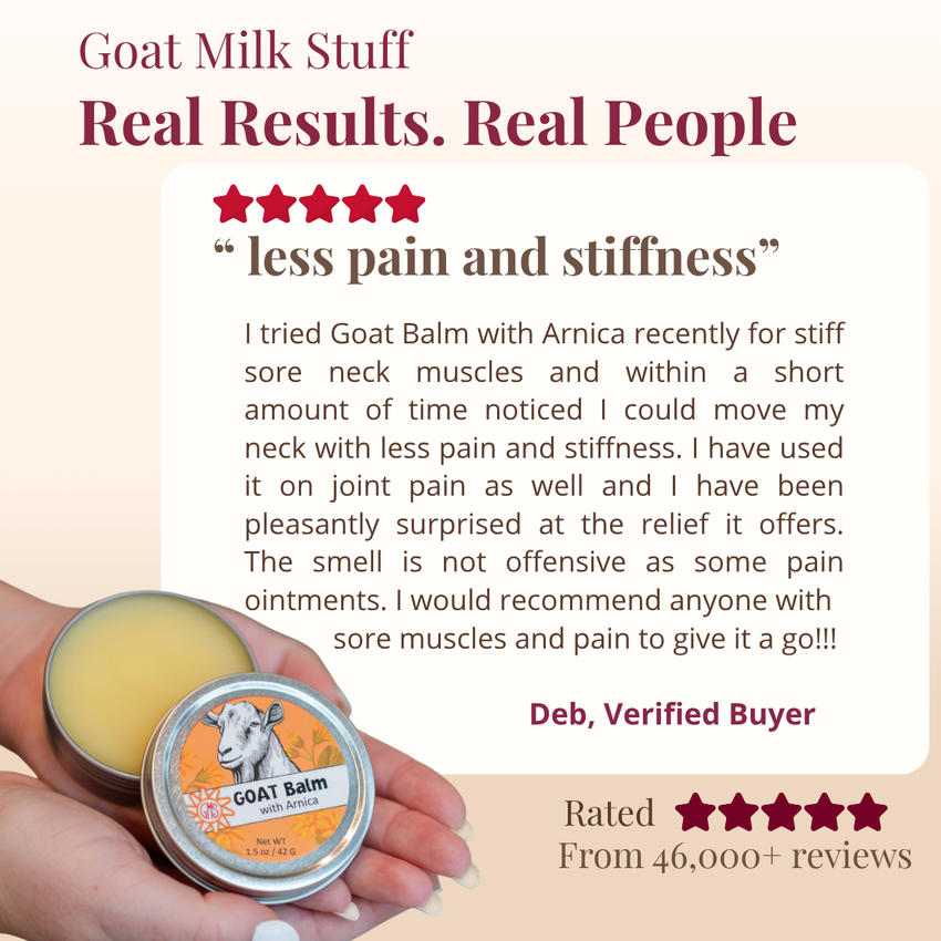 Goat Milk Stuff Arnica GOAT Balm with a customer review on a beige background