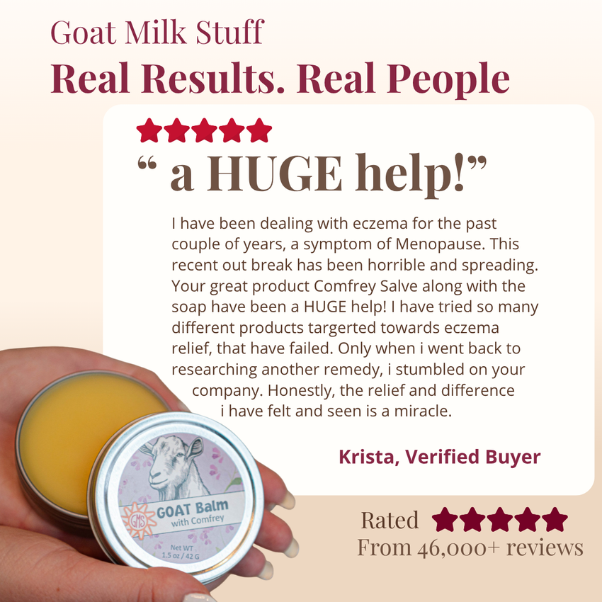 Goat milk product with a customer review and rating on a beige background