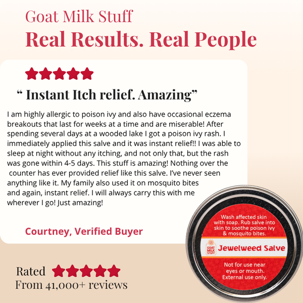 Advertisement for Jewelweed Salve with customer review and product image.