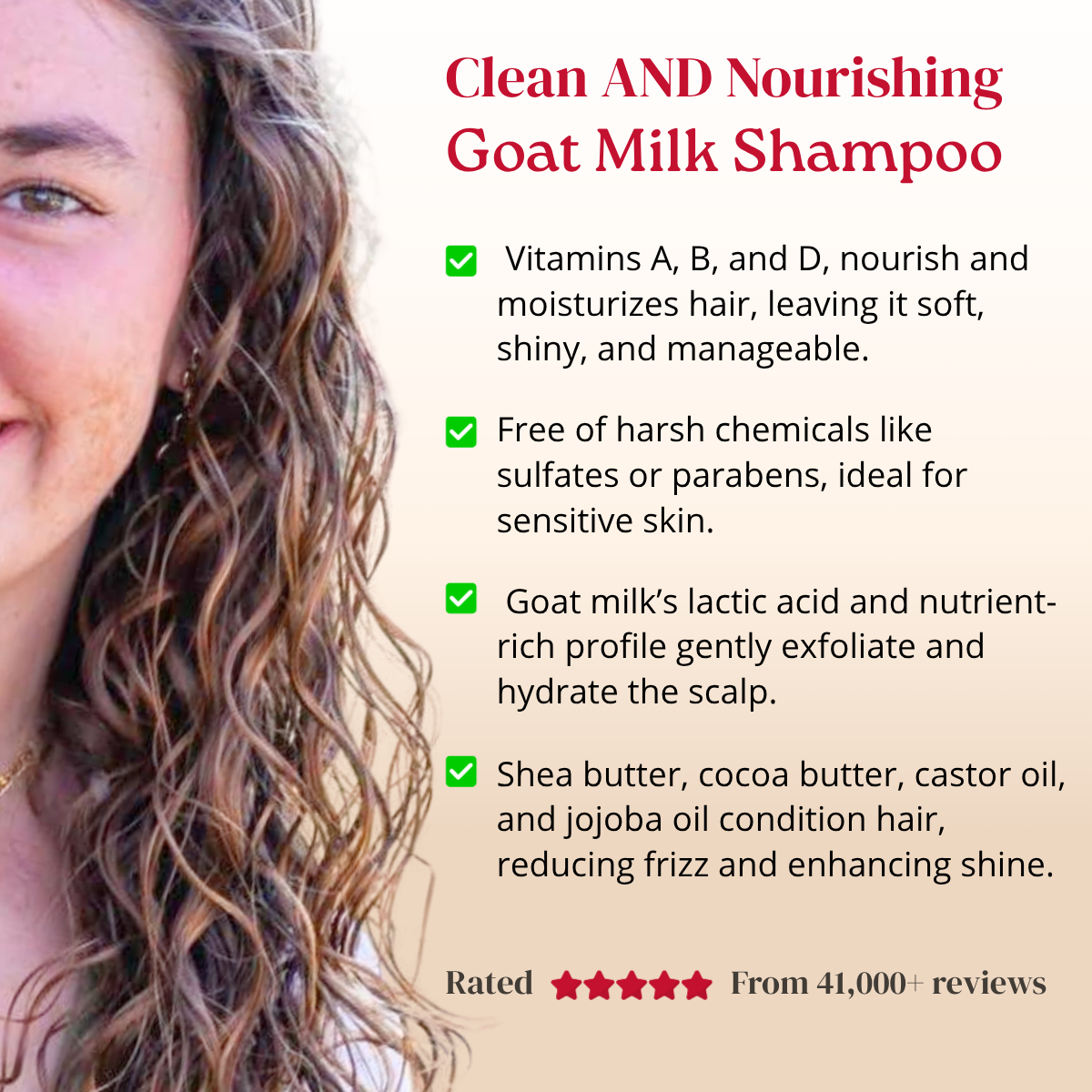 Advertisement for goat milk shampoo with a woman's face and text about the product's benefits.