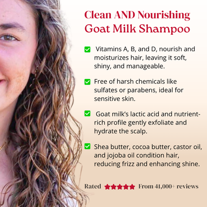 Advertisement for goat milk shampoo with a woman's face and text about the product's benefits.