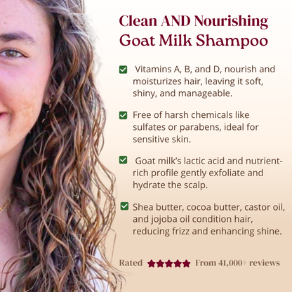 Advertisement for goat milk shampoo with a woman's face and text about product benefits.