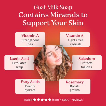 Goat milk soap benefits with vitamins and minerals on a red background