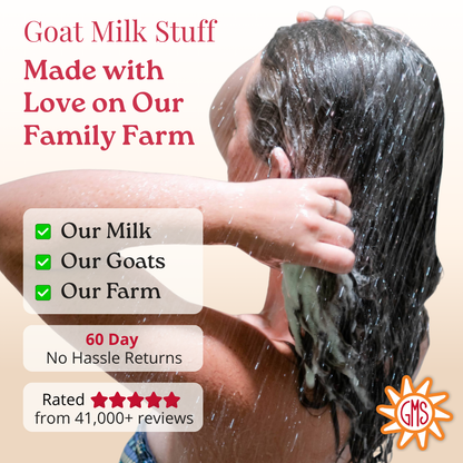 Person washing hair with text about goat milk product made on a family farm.