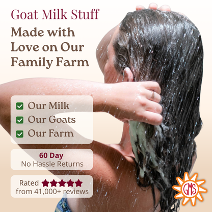 Person washing hair with text about goat milk product made on a family farm.