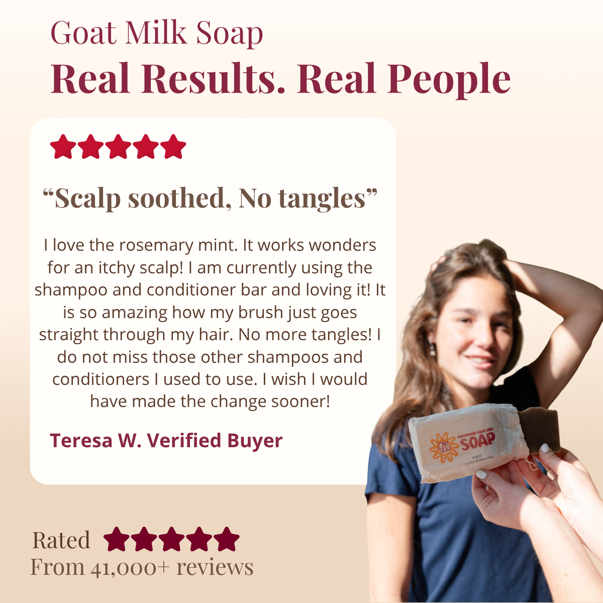 Goat milk soap advertisement with a verified buyer testimonial and a woman holding the soap.
