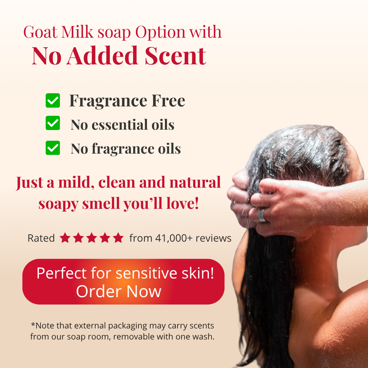 Person washing hair with a focus on goat milk soap option with no added scent, emphasizing fragrance-free and natural properties.