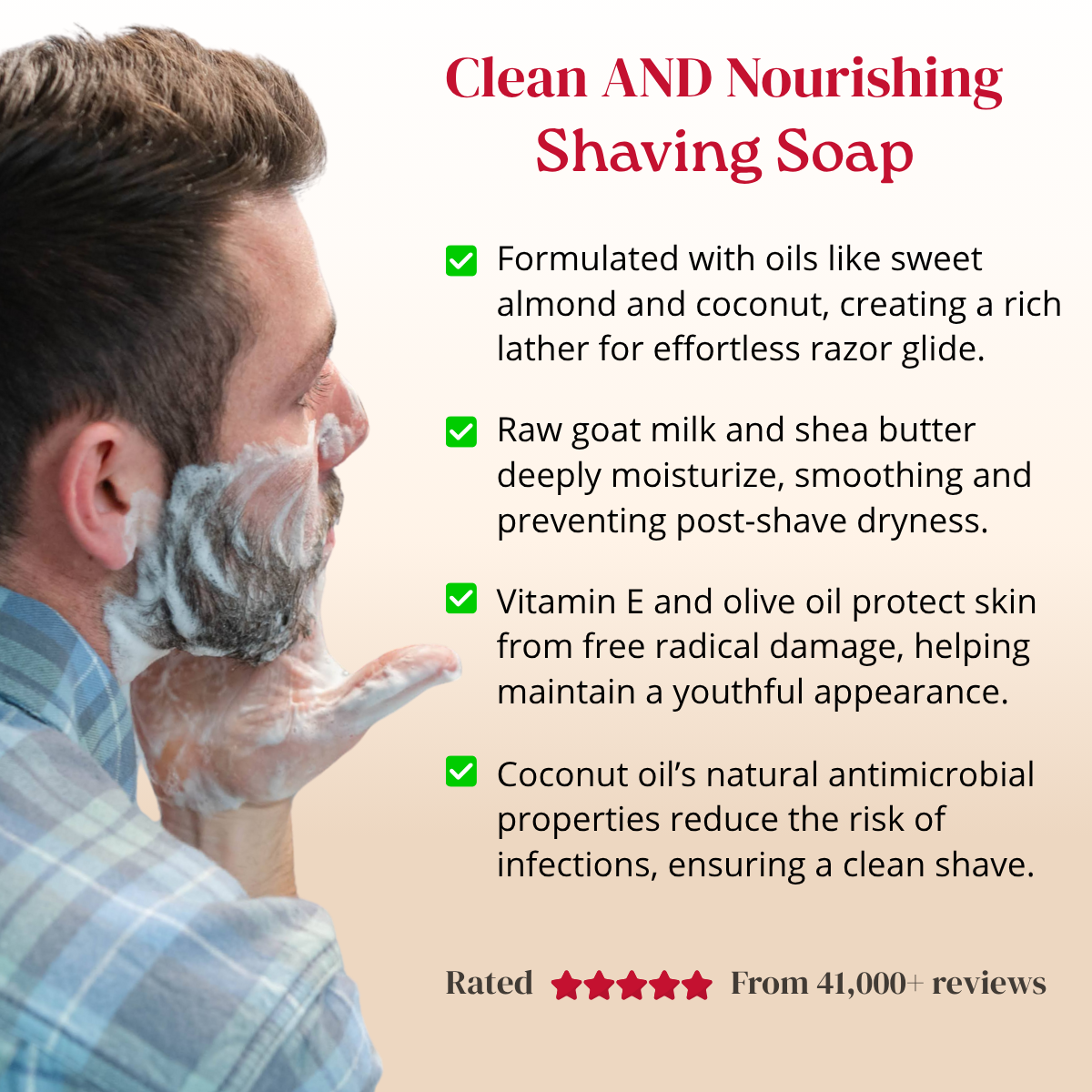 Man shaving with a focus on the benefits of a shaving soap product.