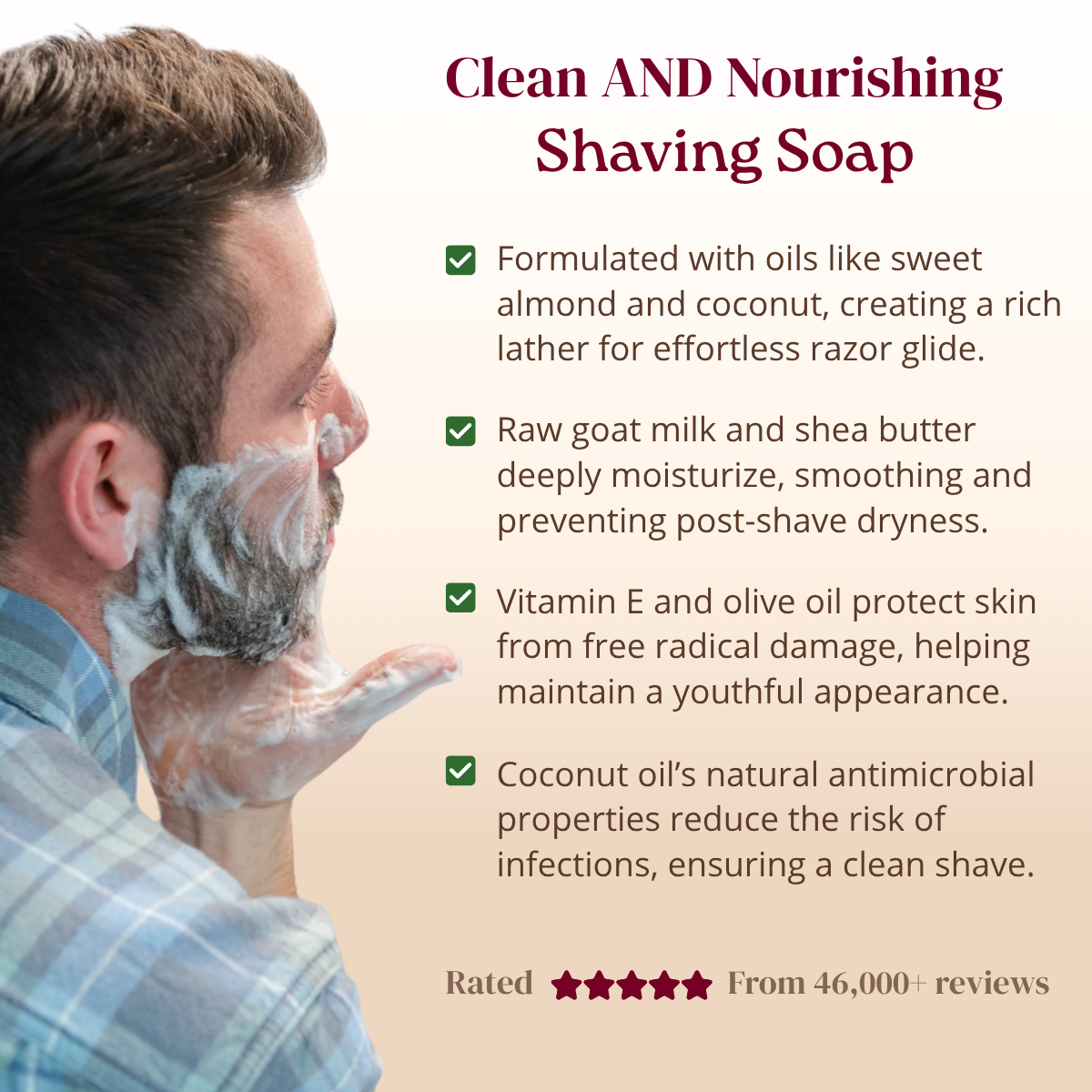 Man shaving with a focus on clean and nourishing shaving soap, featuring product benefits and ratings.