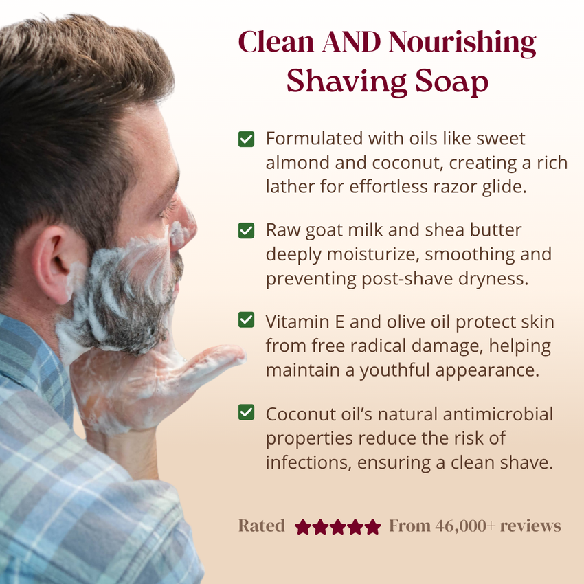 Man shaving with a focus on clean and nourishing shaving soap, featuring product benefits and ratings.