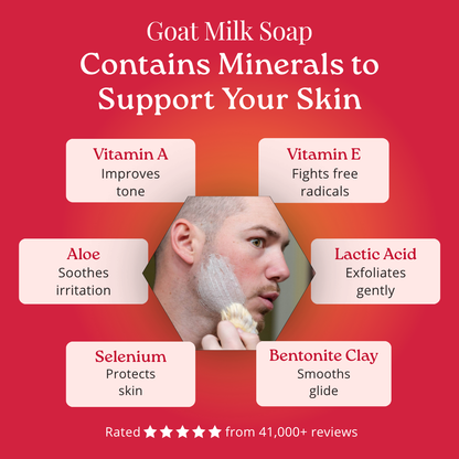 Advertisement for goat milk soap with benefits listed on a red background