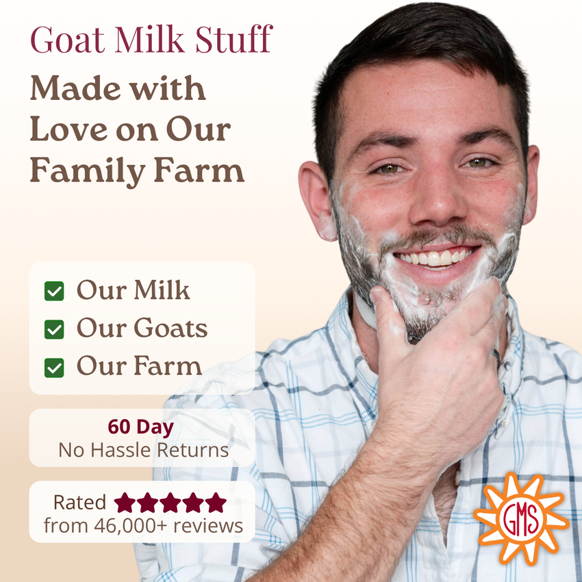 Man with a beard and mustache with shaving cream, smiling, with text about goat milk product on a beige background.
