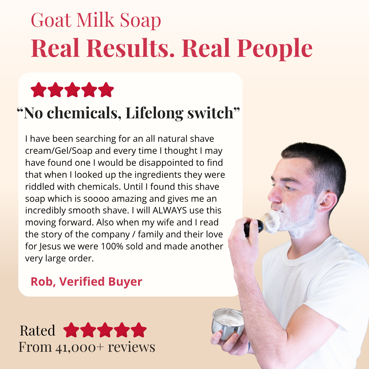 Advertisement for goat milk soap with a man shaving and customer review text.