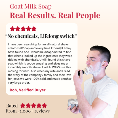 Advertisement for goat milk soap with a man shaving and customer review text.