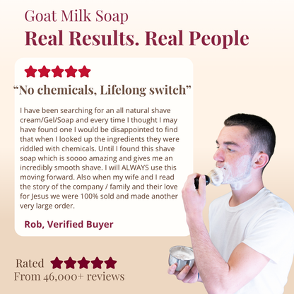 Man shaving with a bar of soap, featuring a testimonial about goat milk soap.