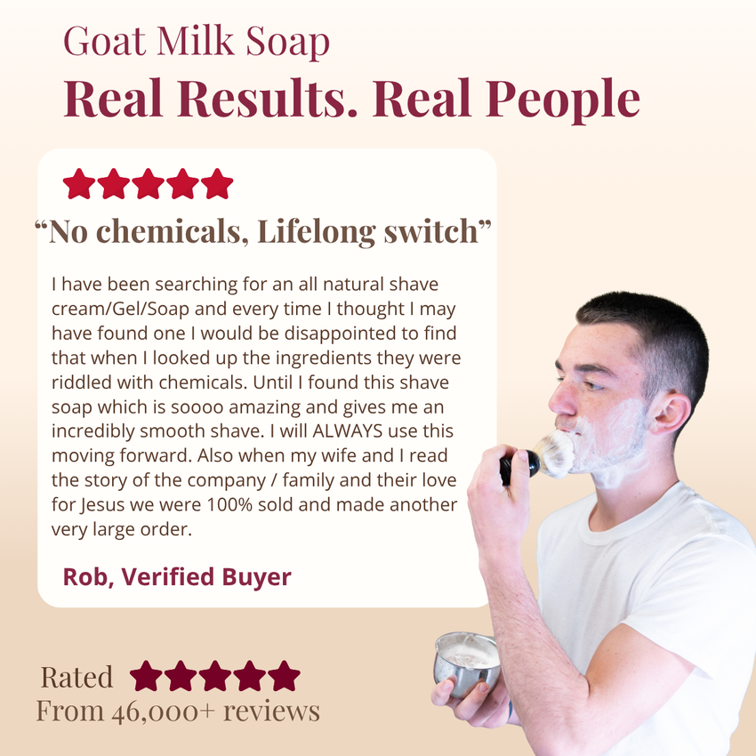 Man shaving with a bar of soap, featuring a testimonial about goat milk soap.