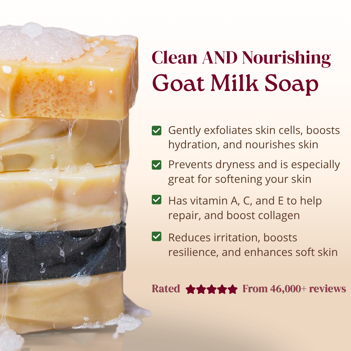 Goat milk soap with text highlighting its benefits and features.