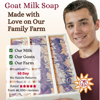 Man holding soap. No hassle returns.