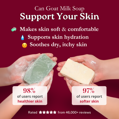 Two hands holding goat milk soap bars with text about skin benefits on a red background