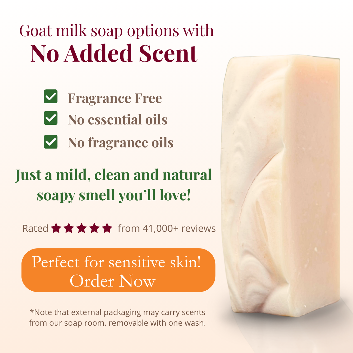 Goat milk soap with text highlighting features and benefits on a white background