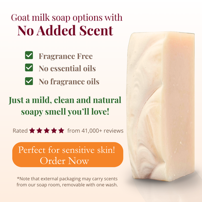 Goat milk soap with text highlighting features and benefits on a white background