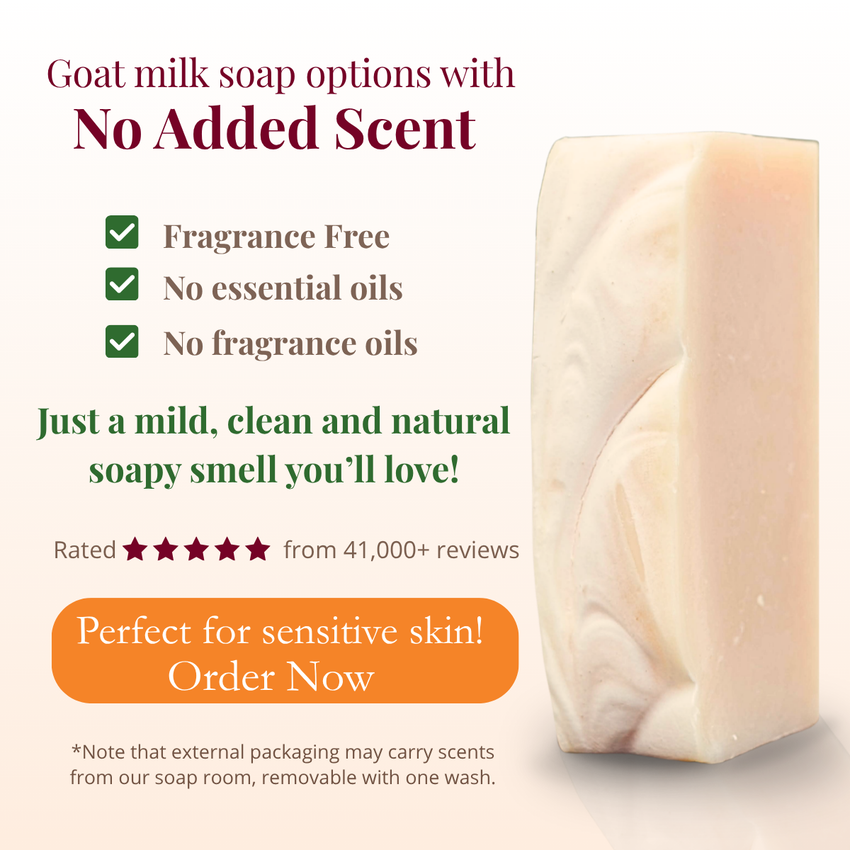 Goat milk soap with text highlighting features and benefits on a white background