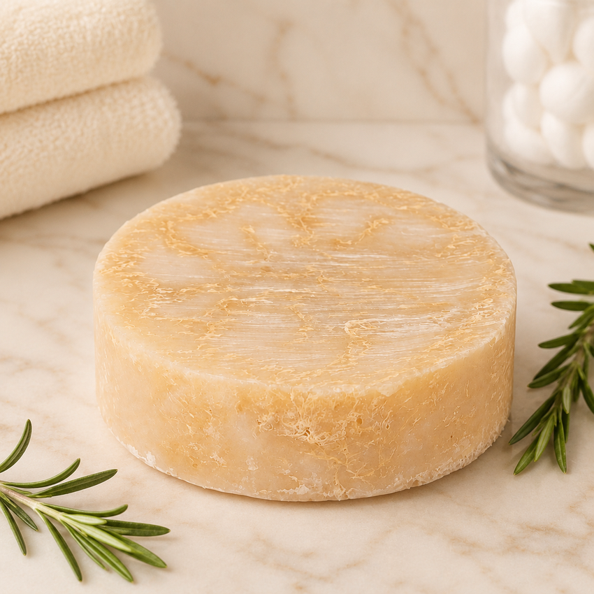 Bar of luffa soap on a marble surface with tea tree leaves