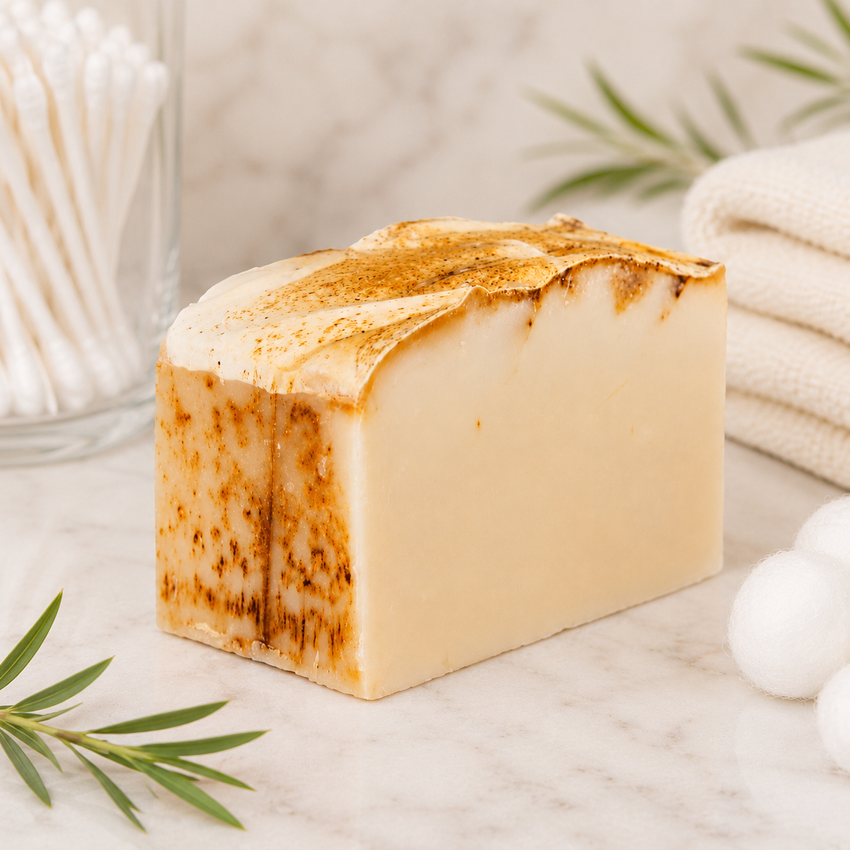 Bar of goat milk soap with brown streaks on a marble surface with green leaves and a towel in the background