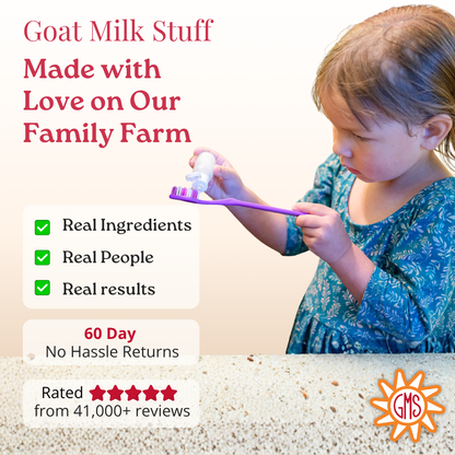 Child using a purple brush  to brush her teeth. with text about goat milk product on a beige background