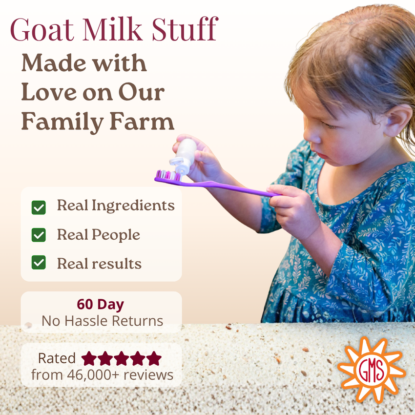 Child holding a purple toothbrush with text about goat milk stuff on a beige background